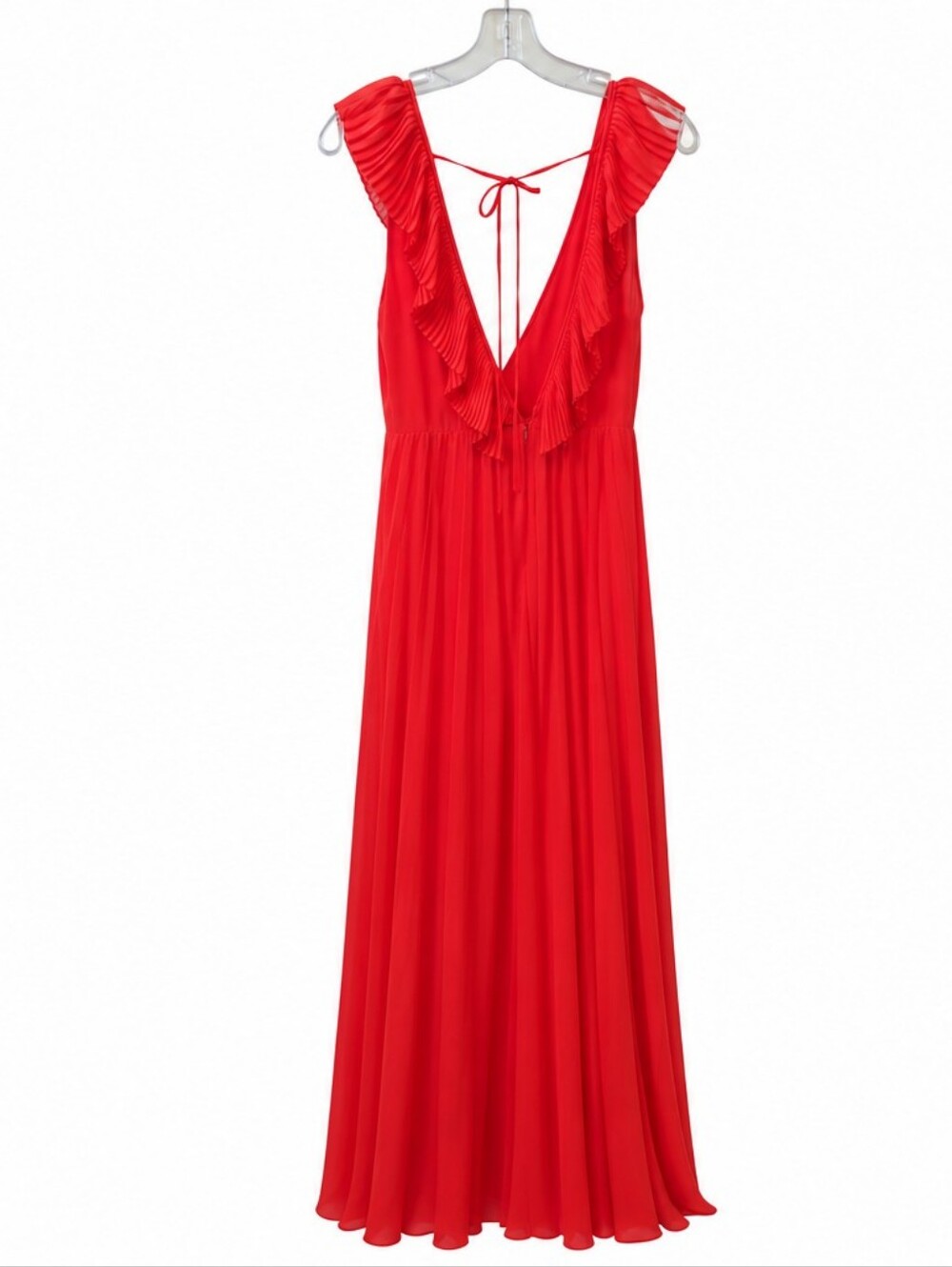 Zara Pleated Ruffle Maxi Dress Orange/redish Open Back Plunge Sleeveless Size XS - Picture 2 of 5